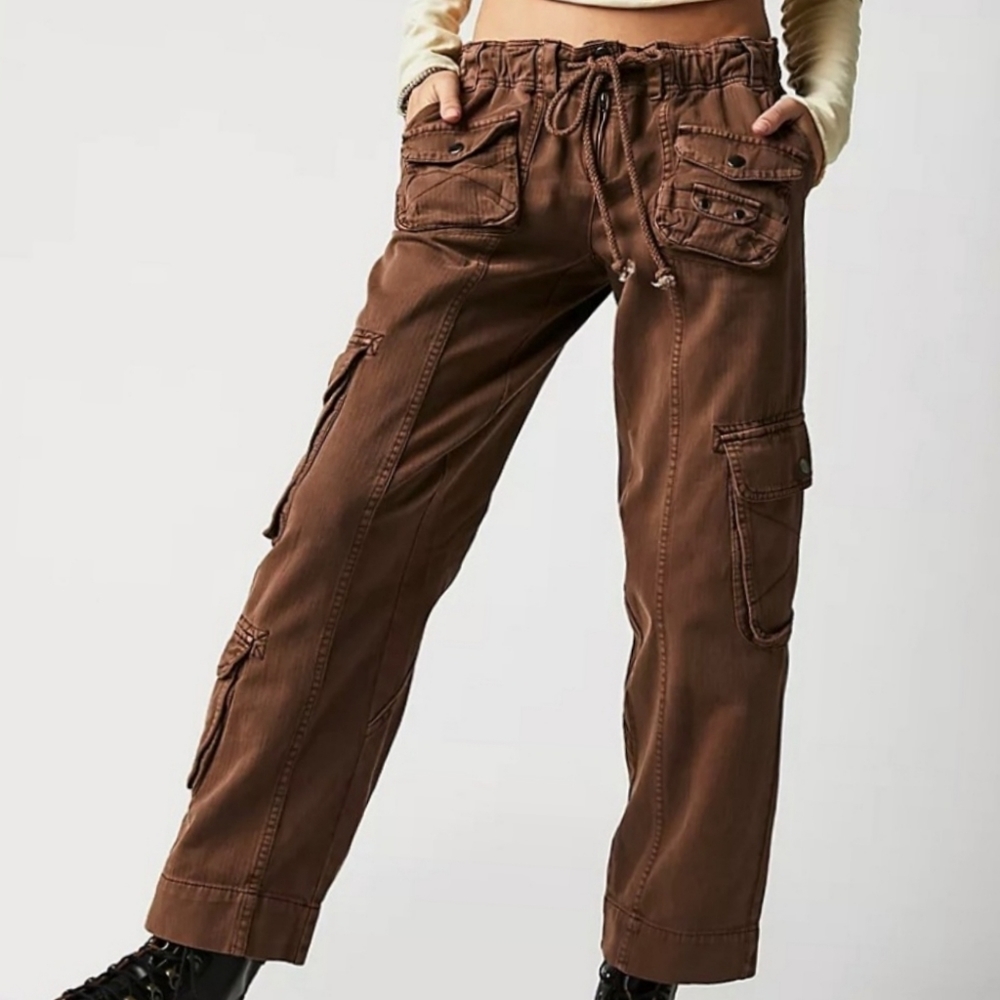 NEW Free People Tahiti Corduroy Cargo Boho Gorpcore Chocolate Brown Pants Size M